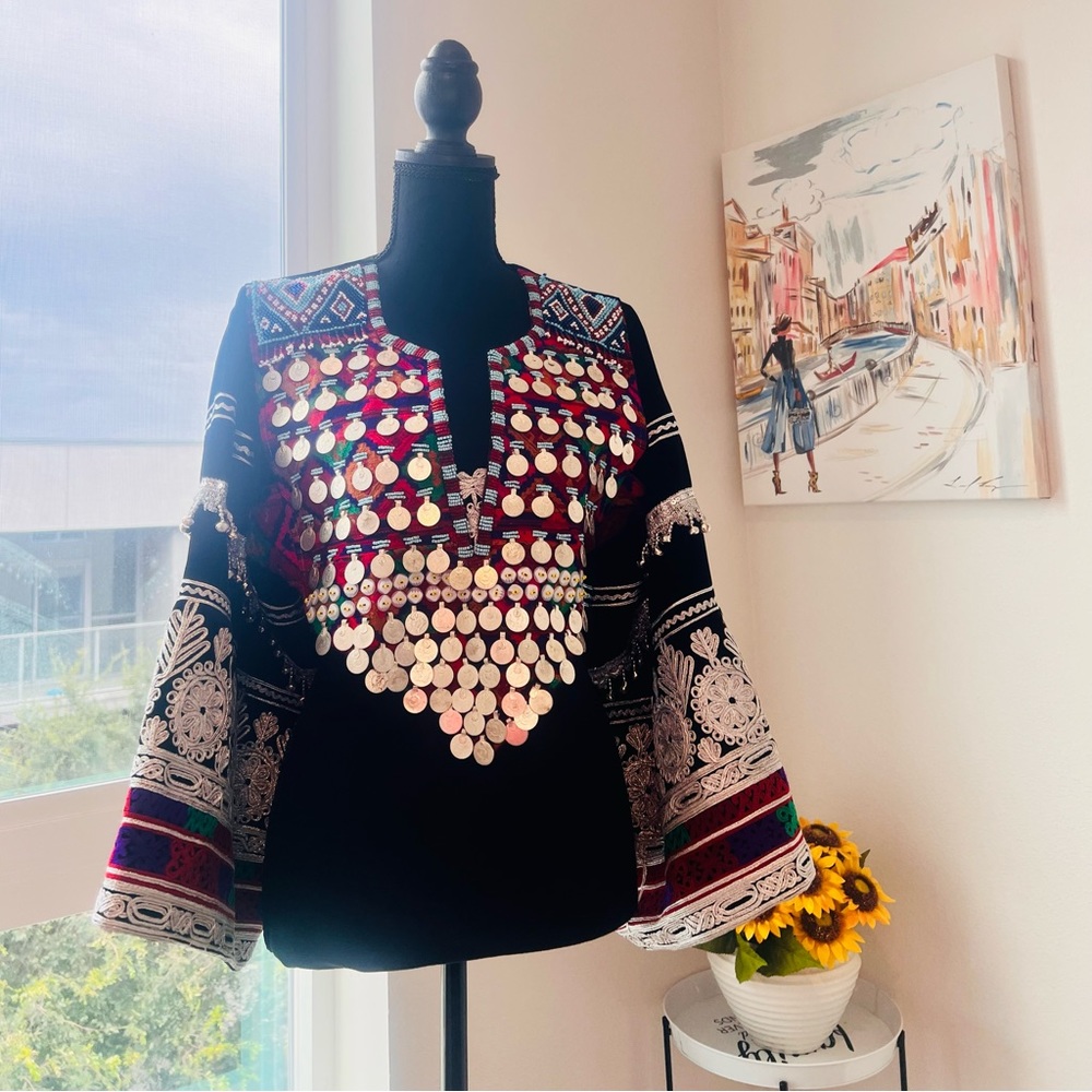 Top hand embroidered with old coins